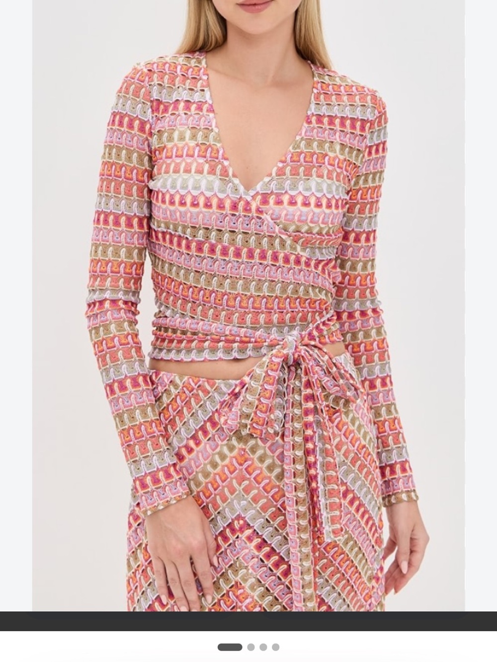 Hill House Aviva Wrap-Front Long Sleeve Knit Top in Pink, Coral & White